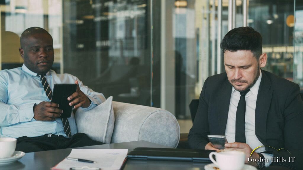 Two businessmen using mobile devices in a modern office